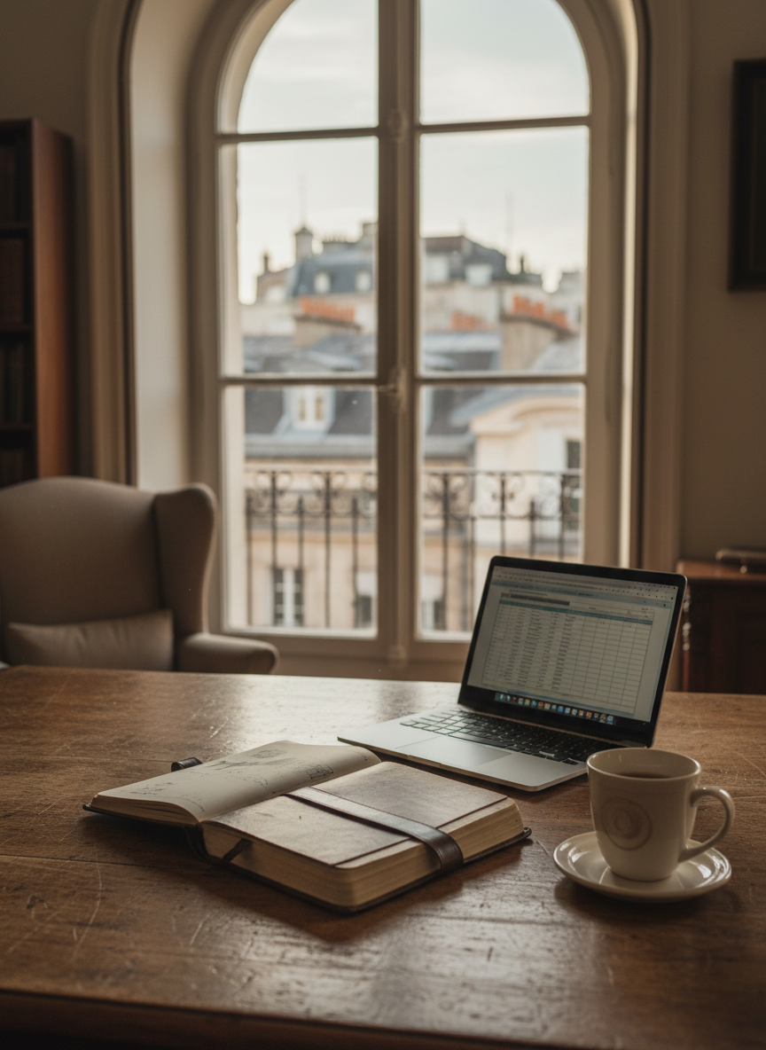 A well-worn wooden writing desk near a tall window in a quiet apartment, its surface scattered with a slim silver laptop, a leather-bound notebook, and a porcelain mug with faint tea rings on the coaster. Outside, distant rooftops and a pale sky suggest a calm late afternoon in the city. Soft, indirect natural light spills across the desk, highlighting the wood grain and casting gentle, realistic shadows from the objects. The mood is reflective and sophisticated, evoking the inner life of retirement planning and recollection. Photographed at eye level with a slight angle toward the window, using a shallow depth of field so the background melts into a gentle blur, emphasizing photographic realism and an authentic, lived-in atmosphere rather than a staged office scene.