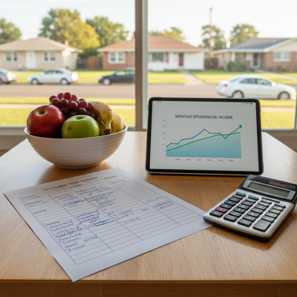 A compact kitchen table made of light oak, positioned near a window overlooking a quiet suburban street with parked cars and modest houses. On the table lies a printed monthly budget sheet with handwritten notes, an open mid-range tablet showing a line graph, a simple calculator, and a ceramic bowl of fresh fruit with a few slightly bruised apples. Late afternoon natural light illuminates the scene, creating soft reflections on the tablet screen and subtle shadows under the papers. The camera is placed at table height, looking across the surface so the street outside is softly blurred, suggesting the wider world beyond. The mood is practical yet hopeful, illustrating real-life retirement finances without gloss or dramatization, in a clean, photographic style that feels relatable and unscripted.