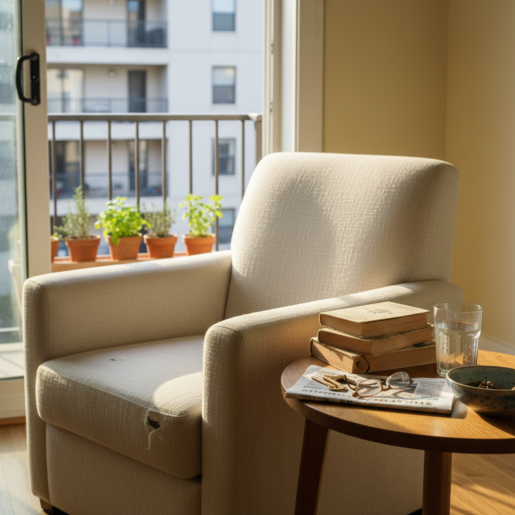 A sunlit corner of a modest living room with a low, fabric-upholstered armchair facing a small wooden side table stacked with a few dog-eared paperback books and a neatly folded local newspaper. A simple ceramic bowl filled with keys and reading glasses rests beside a glass of water beaded with condensation. Through a partially open sliding door, a small balcony with potted herbs hints at an ordinary residential building. Morning light filters in, casting soft, natural highlights on fabric textures and slightly uneven paint on the walls. The composition is framed from a slightly elevated angle, with sharp focus on the chair and table, and a gentle blur on the balcony. The mood is calm, unhurried, and subtly introspective, capturing an authentic everyday retirement moment in photographic realism.